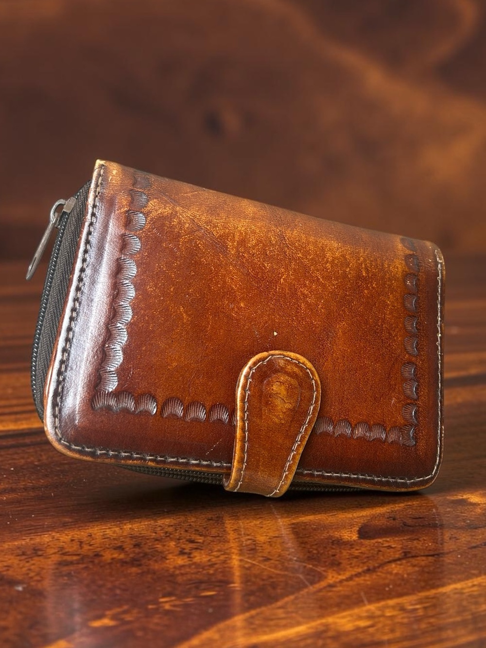 Vintage Brown Tooled Leather Zip Around Wallet